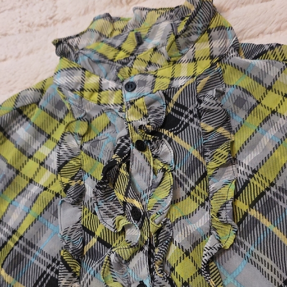 Plaid Ruffle Button-Front Top - Green/Blue/Black - Picture 8 of 9
